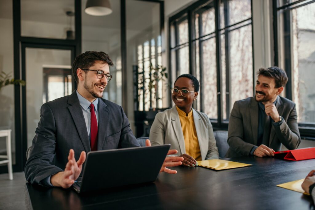 Business team discussing strategy during corporate meeting